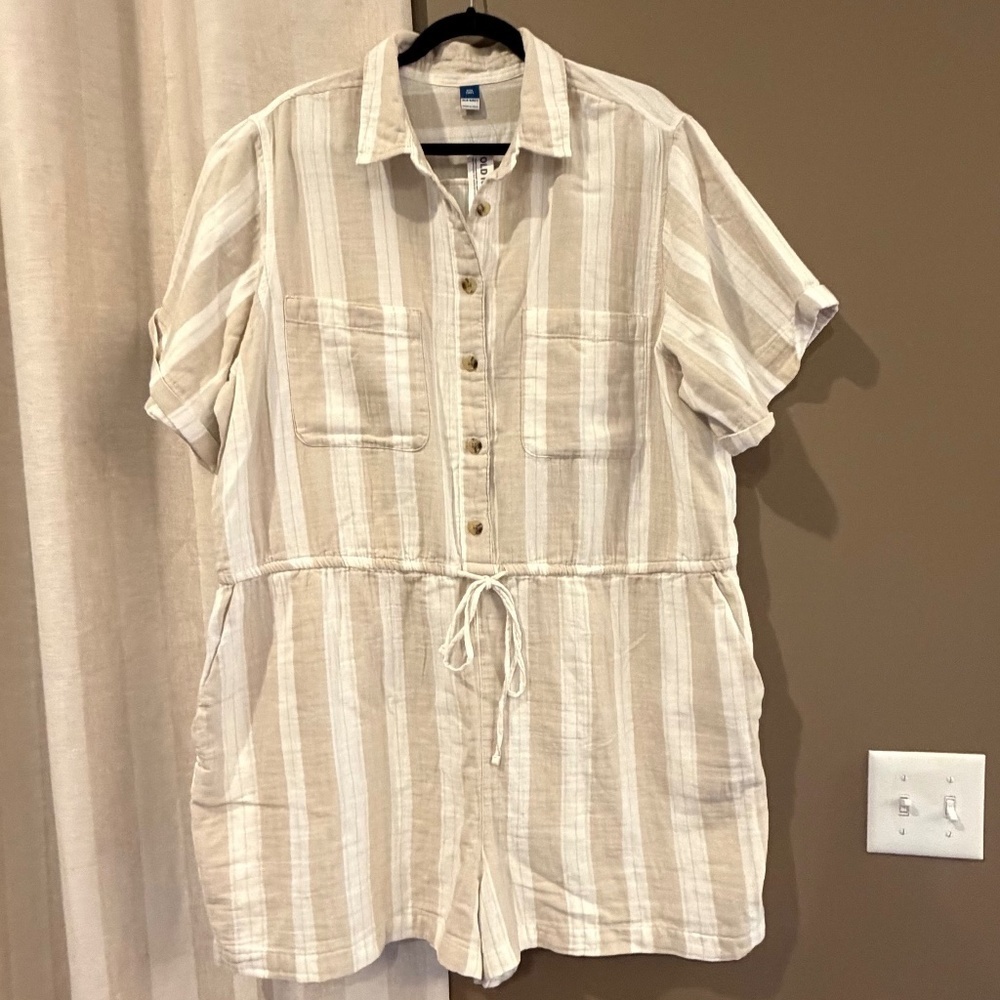NWT Old Navy Tan & White Cinched Waist Romper Gauzy Cotton Coastal, Size XXL Tal